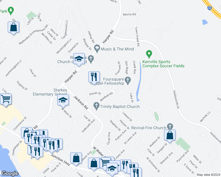 map of restaurants, bars, coffee shops, grocery stores, and more near 914 Bluebonnet Drive in Kerrville
