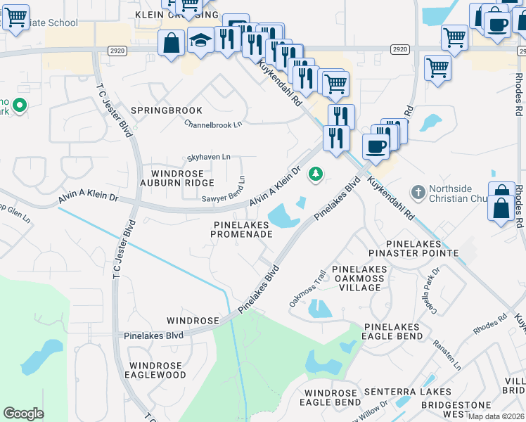 map of restaurants, bars, coffee shops, grocery stores, and more near 20726 Flora View Court in Spring