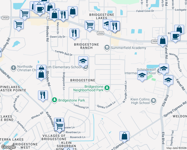 map of restaurants, bars, coffee shops, grocery stores, and more near 4523 Pineville Lane in Spring