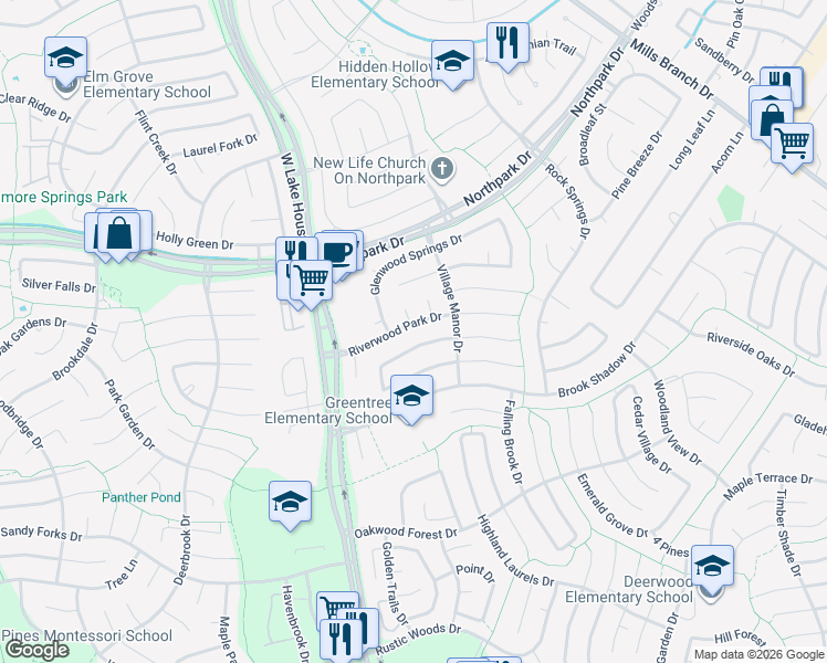 map of restaurants, bars, coffee shops, grocery stores, and more near 3518 Riverwood Park Drive in Humble