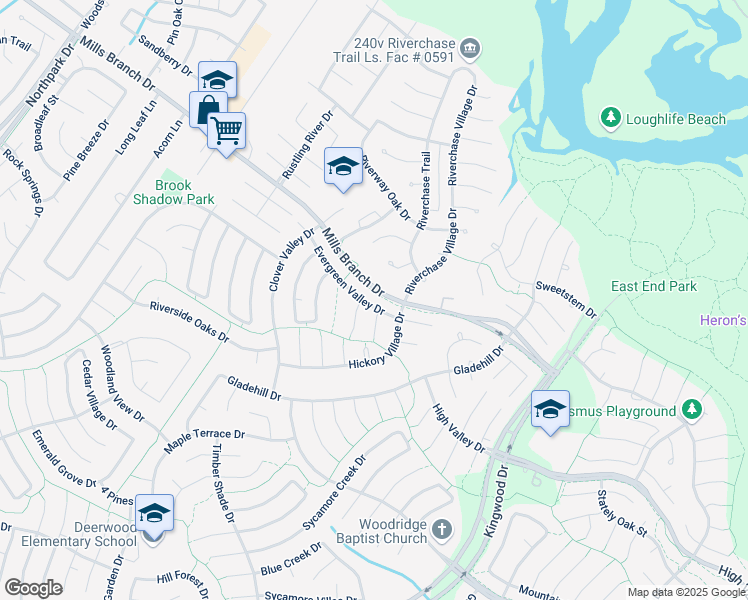 map of restaurants, bars, coffee shops, grocery stores, and more near 5507 Evergreen Valley Drive in Houston