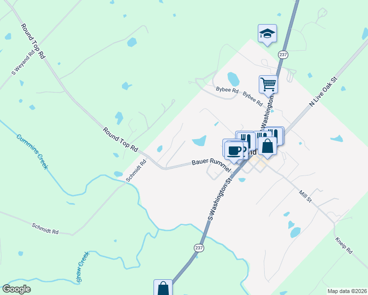 map of restaurants, bars, coffee shops, grocery stores, and more near 525 Bauer Rummel in Round Top