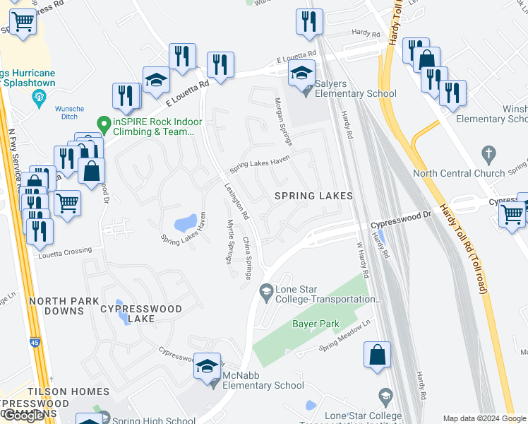 map of restaurants, bars, coffee shops, grocery stores, and more near 25602 Spring Source Court in Spring