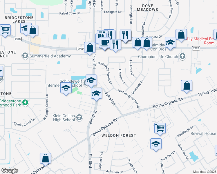 map of restaurants, bars, coffee shops, grocery stores, and more near 20926 Bayeux Lane in Spring