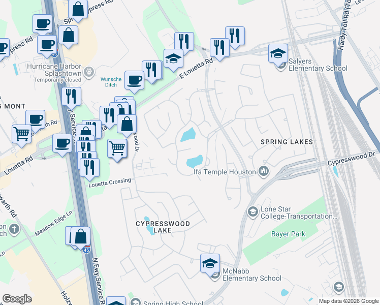 map of restaurants, bars, coffee shops, grocery stores, and more near 527 Island Spring Court in Spring