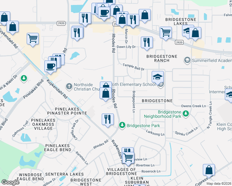map of restaurants, bars, coffee shops, grocery stores, and more near 21618 Crescent Heights Street in Spring