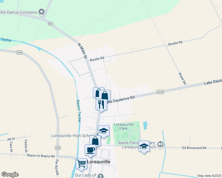 map of restaurants, bars, coffee shops, grocery stores, and more near 109-111 Landry St in Loreauville