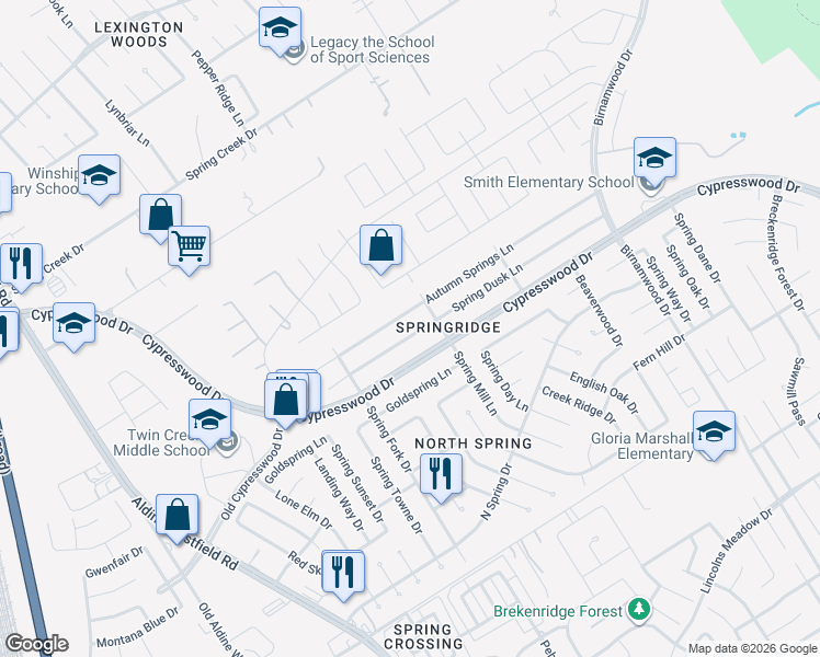 map of restaurants, bars, coffee shops, grocery stores, and more near 2439 Spring Dusk Drive in Spring