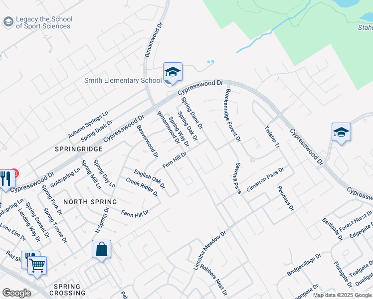 map of restaurants, bars, coffee shops, grocery stores, and more near 23810 Spring Way Drive in Spring