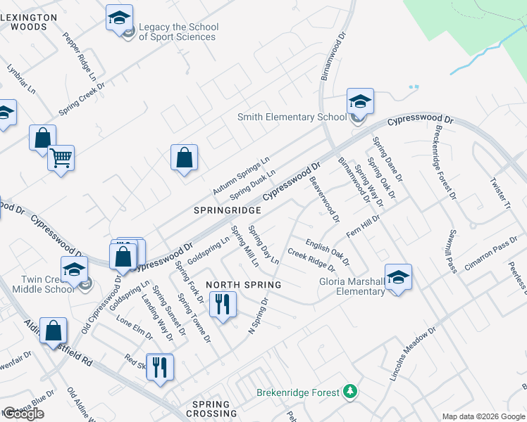 map of restaurants, bars, coffee shops, grocery stores, and more near 26419 Cypresswood Drive in Spring