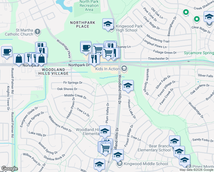 map of restaurants, bars, coffee shops, grocery stores, and more near 2242 Spruce Lodge Drive in Humble