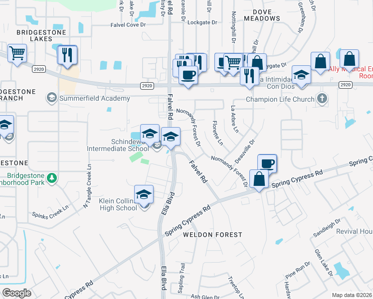 map of restaurants, bars, coffee shops, grocery stores, and more near 20926 Bayeux Lane in Spring