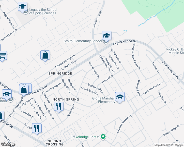 map of restaurants, bars, coffee shops, grocery stores, and more near 24002 Merry Oaks Drive in Spring