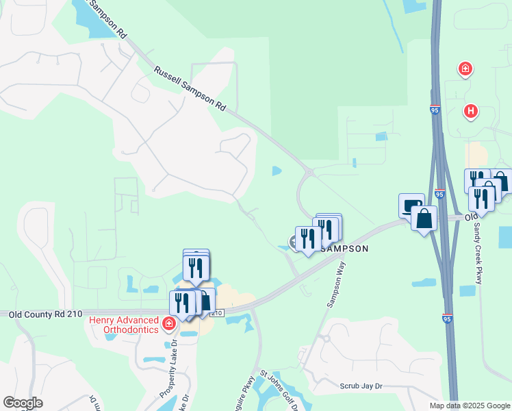 map of restaurants, bars, coffee shops, grocery stores, and more near 104 Saint John's Forest Boulevard in Saint Johns