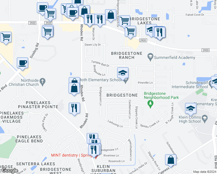 map of restaurants, bars, coffee shops, grocery stores, and more near 4823 Ingleside Court in Spring
