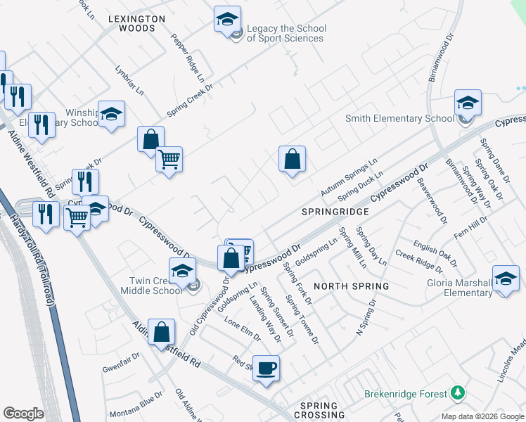 map of restaurants, bars, coffee shops, grocery stores, and more near 2314 2 Trail Drive in Spring