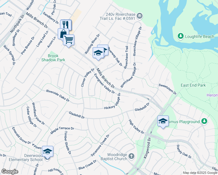 map of restaurants, bars, coffee shops, grocery stores, and more near 5507 Evergreen Valley Drive in Houston
