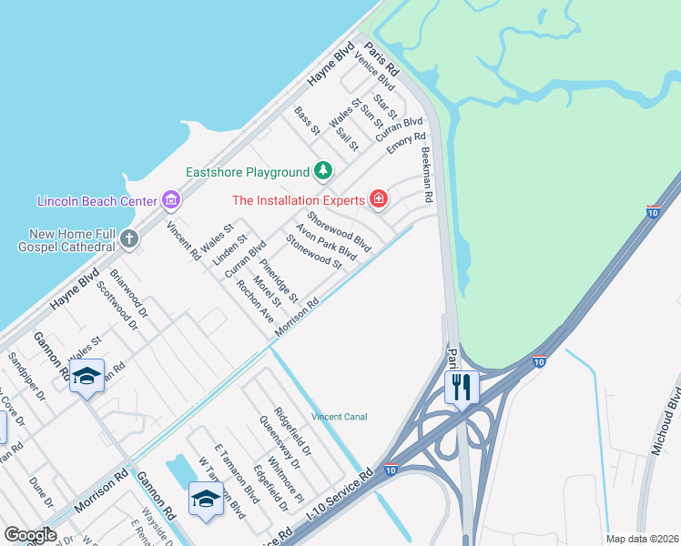 map of restaurants, bars, coffee shops, grocery stores, and more near 7501 Stonewood Street in New Orleans