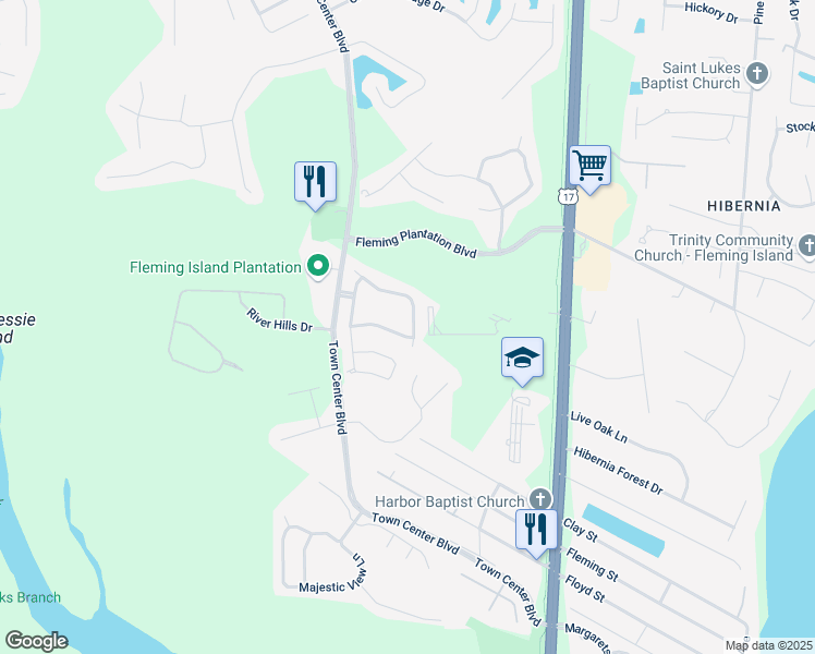 map of restaurants, bars, coffee shops, grocery stores, and more near 1590 Vineland Circle in Fleming Island