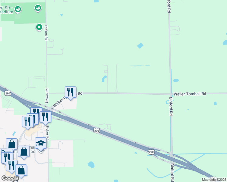 map of restaurants, bars, coffee shops, grocery stores, and more near 30502 Farm to Market 2920 in Waller