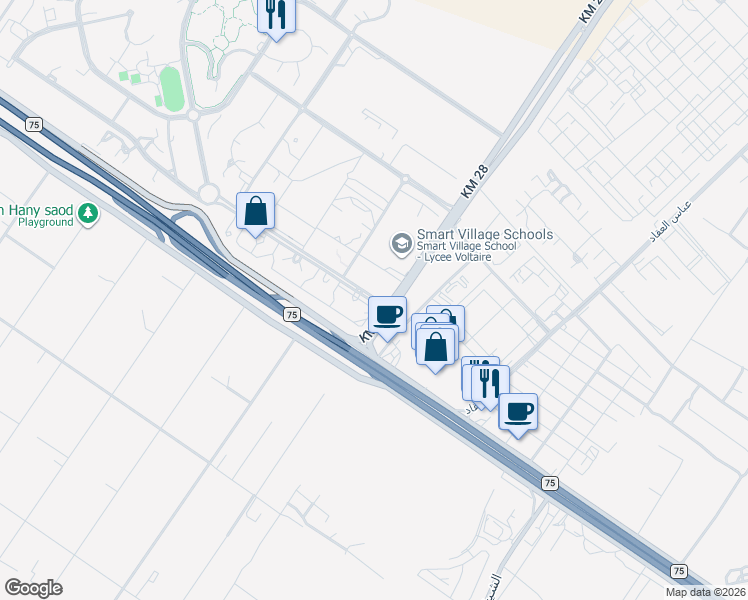 map of restaurants, bars, coffee shops, grocery stores, and more near 75M in Kerdasa