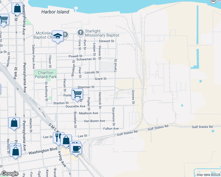 map of restaurants, bars, coffee shops, grocery stores, and more near 1440 Sherman Street in Beaumont