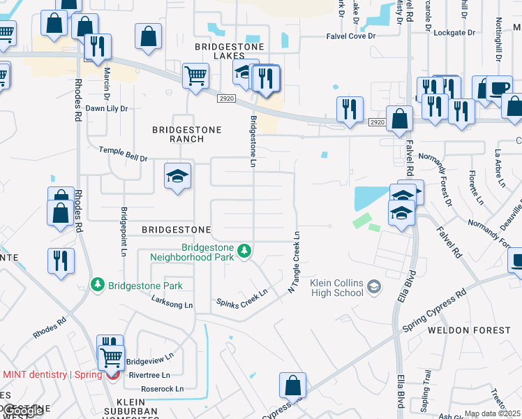 map of restaurants, bars, coffee shops, grocery stores, and more near 4311 Pineville Lane in Spring