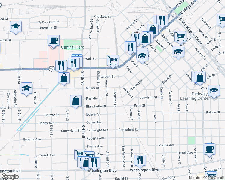 map of restaurants, bars, coffee shops, grocery stores, and more near 1110 Houston Street in Beaumont