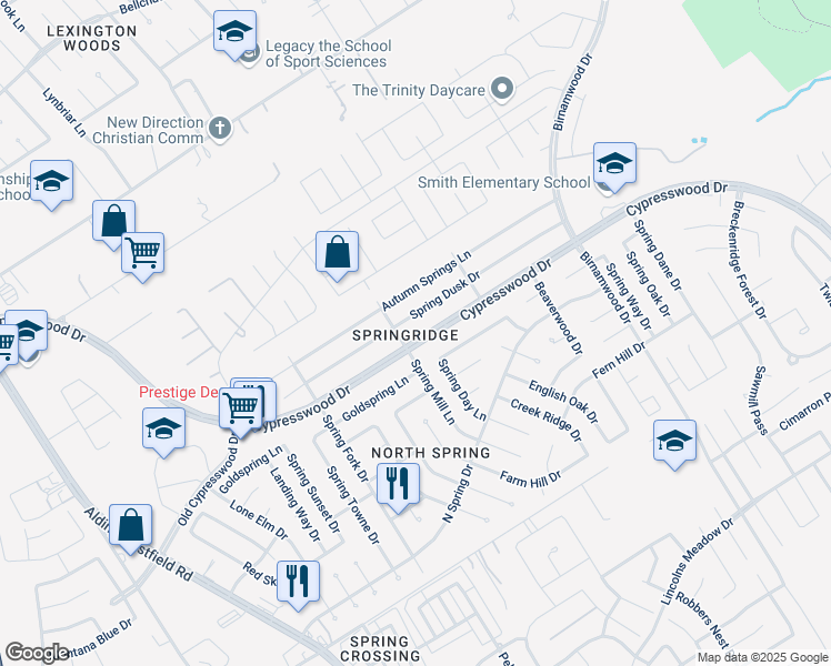 map of restaurants, bars, coffee shops, grocery stores, and more near 2514 Spring Dusk Drive in Spring