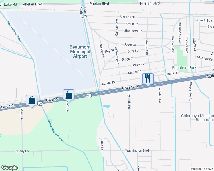 map of restaurants, bars, coffee shops, grocery stores, and more near 9735 Landis Drive in Beaumont