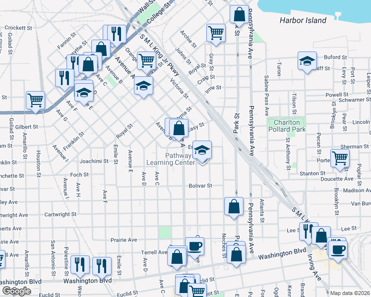 map of restaurants, bars, coffee shops, grocery stores, and more near 2201 Avenue A in Beaumont