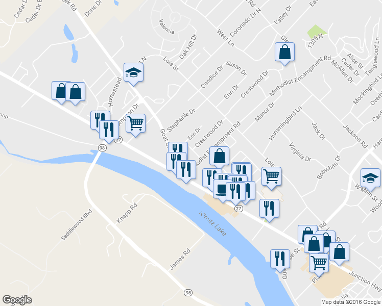map of restaurants, bars, coffee shops, grocery stores, and more near 1507 Ridgemont Lane in Kerrville