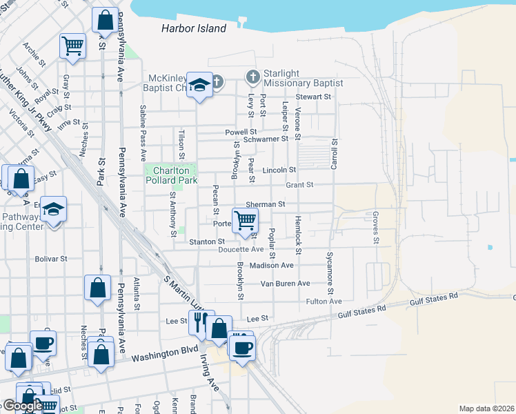 map of restaurants, bars, coffee shops, grocery stores, and more near 1016 Sherman Street in Beaumont