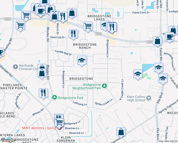 map of restaurants, bars, coffee shops, grocery stores, and more near 21618 Castlemont Lane in Spring