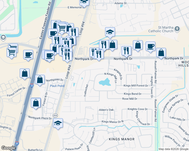 map of restaurants, bars, coffee shops, grocery stores, and more near 25989 North Kings Mill Lane in Montgomery County