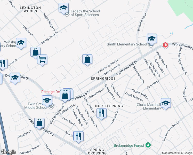 map of restaurants, bars, coffee shops, grocery stores, and more near 2439 Spring Dusk Drive in Spring