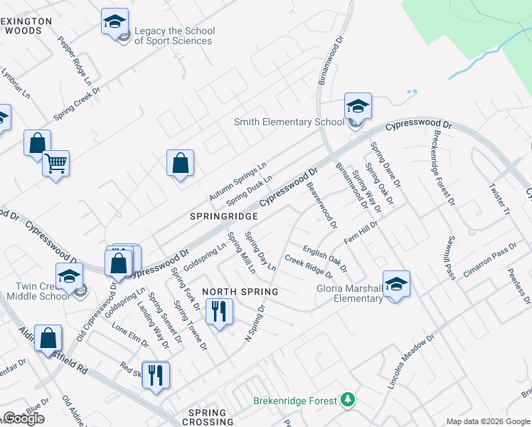 map of restaurants, bars, coffee shops, grocery stores, and more near 26419 Cypresswood Drive in Spring