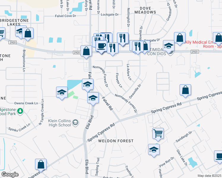 map of restaurants, bars, coffee shops, grocery stores, and more near 20910 Normandy Forest Drive in Spring