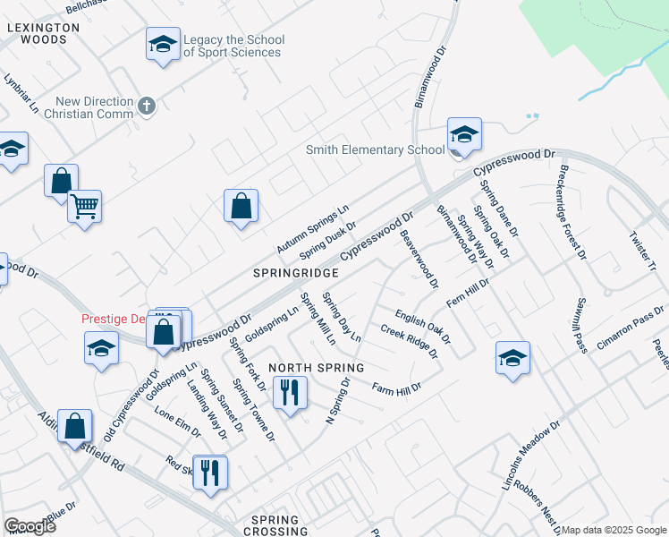 map of restaurants, bars, coffee shops, grocery stores, and more near 26419 Cypresswood Drive in Spring