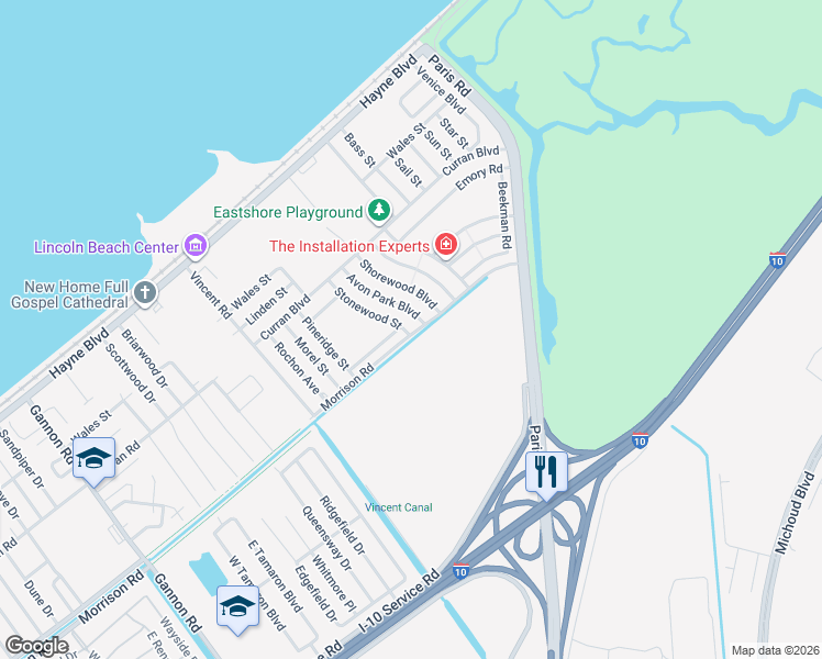 map of restaurants, bars, coffee shops, grocery stores, and more near 7501 Stonewood Street in New Orleans