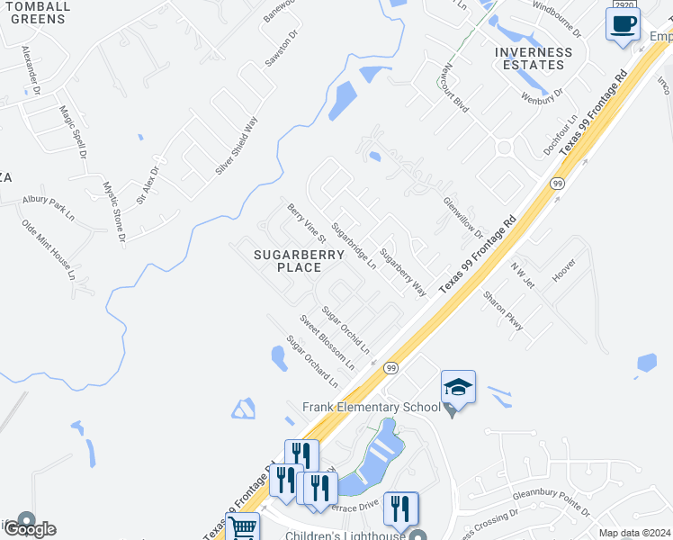 map of restaurants, bars, coffee shops, grocery stores, and more near 10035 Sweet Olive Way in Tomball