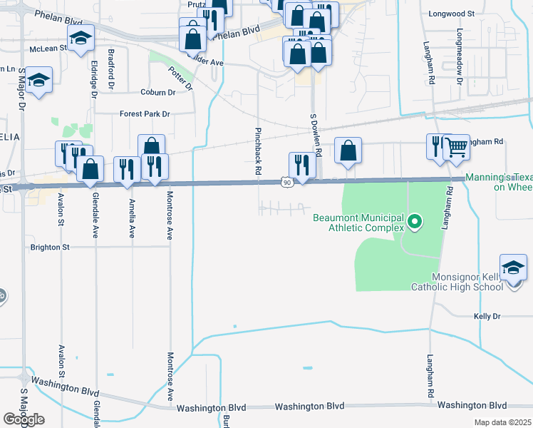 map of restaurants, bars, coffee shops, grocery stores, and more near 1075 Pinchback Road in Beaumont