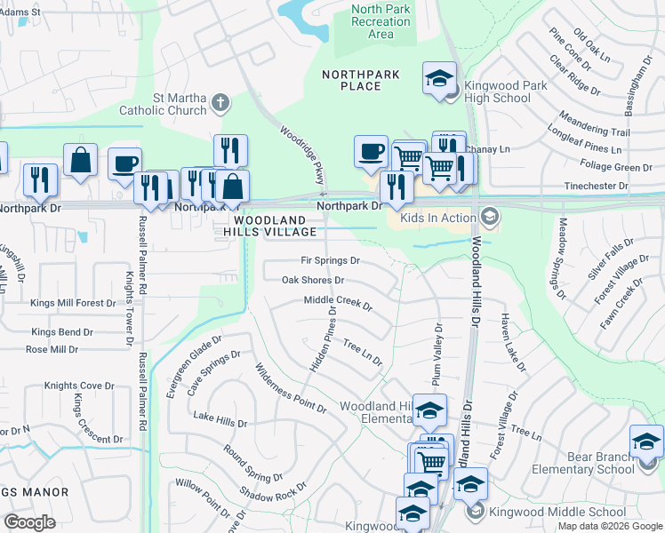 map of restaurants, bars, coffee shops, grocery stores, and more near 2102 Fir Springs Drive in Humble