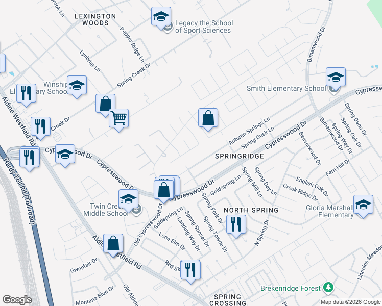 map of restaurants, bars, coffee shops, grocery stores, and more near 2314 2 Trail Drive in Spring