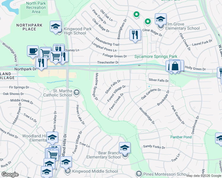 map of restaurants, bars, coffee shops, grocery stores, and more near 2626 Silver Falls Drive in Houston