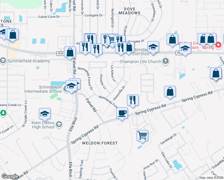 map of restaurants, bars, coffee shops, grocery stores, and more near 20902 Meadowhill Drive in Spring