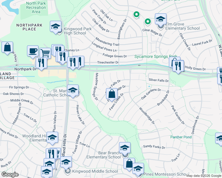 map of restaurants, bars, coffee shops, grocery stores, and more near 2626 Silver Falls Drive in Houston