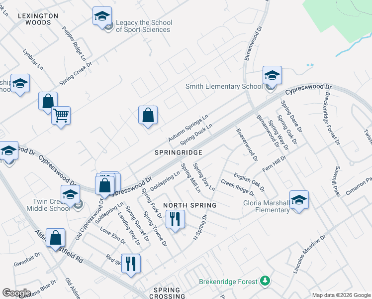map of restaurants, bars, coffee shops, grocery stores, and more near 2514 Spring Dusk Drive in Spring
