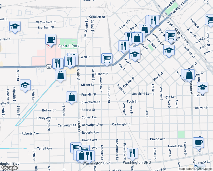 map of restaurants, bars, coffee shops, grocery stores, and more near 1110 Houston Street in Beaumont