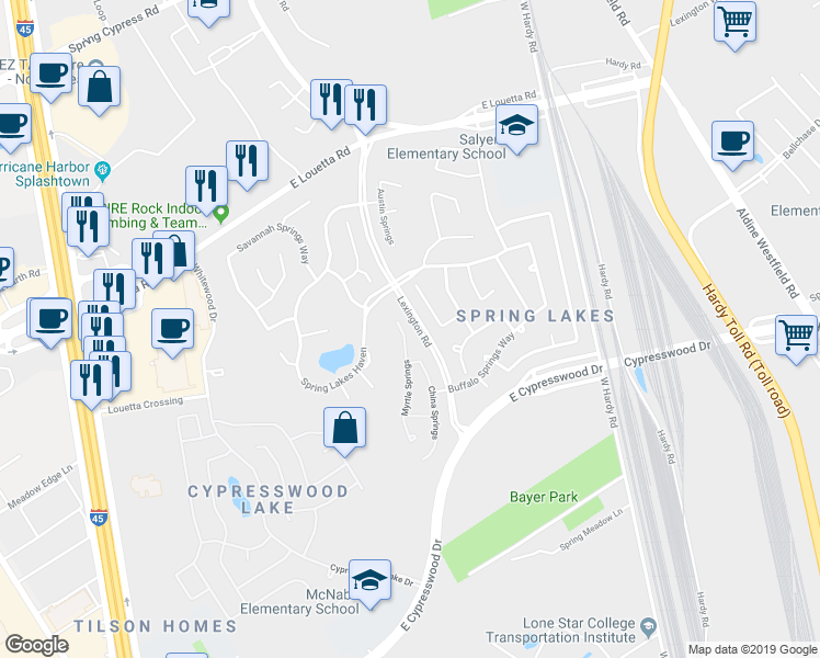 map of restaurants, bars, coffee shops, grocery stores, and more near 25630 Myrtle Springs in Spring